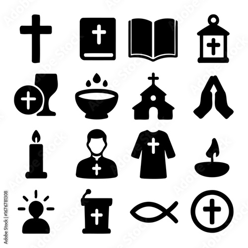 Religious Icons: A collection of symbolic icons representing faith, devotion, and the core elements of religion, perfect for illustrating spiritual concepts and themes.