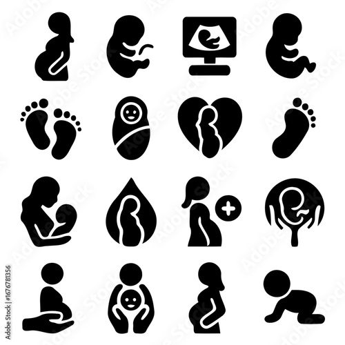 Journey of Motherhood: A collection of icons representing the stages of pregnancy, from conception to birth, symbolizing the beautiful journey of motherhood. 