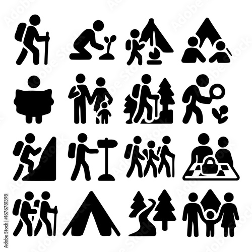 Hiking Adventure Icons: A collection of vector illustrations depicting various outdoor activities. Icons with people navigating trails, camping, exploring nature, and enjoying leisurely moments.