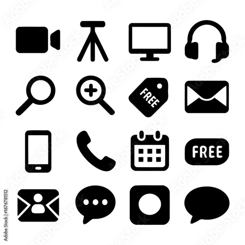 Iconic Communication: A collection of minimalist black icons representing communication, technology, and media elements on a clean surface, perfect for versatile use.