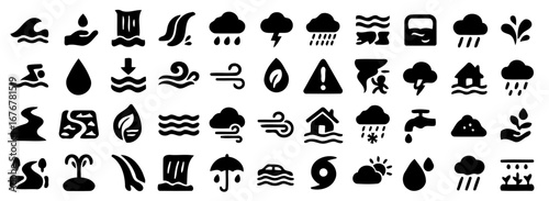 Water and Weather Icons: A comprehensive set of vector icons depicting water-related and weather phenomena, offering a versatile visual resource for diverse design projects.