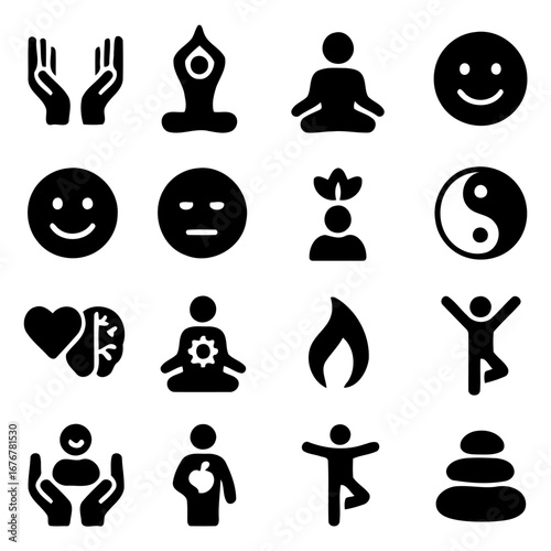 Harmony and Wellness Icons: A visually appealing collection of intricately designed icons, embodying the essence of holistic well-being, equilibrium, and mental serenity.