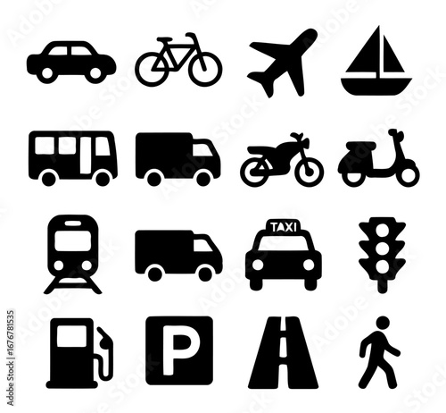 Transportation Icons: A concise collection of black icons representing different modes of transport, from cars to airplanes, set against a clear backdrop.