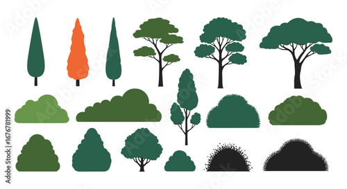 Collection of diverse artistic trees and bushes for landscape design elements