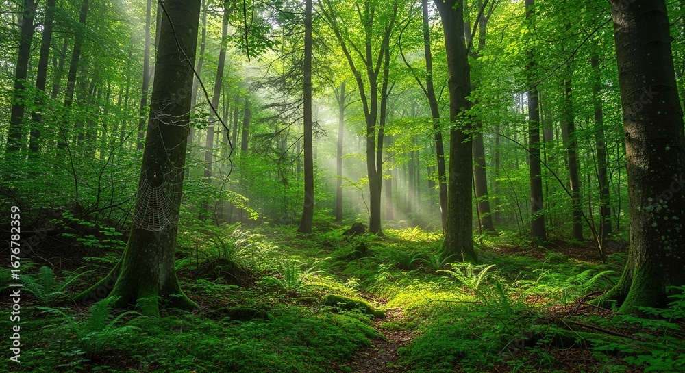 Naklejka premium Sunlit Forest Path with Lush Green Undergrowth and Delicate Spid