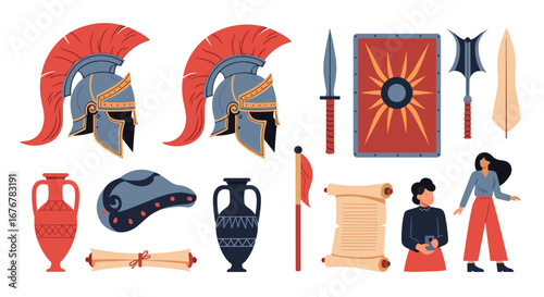 Ancient roman soldier military equipment artifacts and warrior attire collection