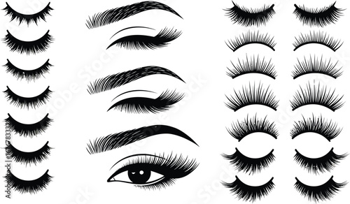 Collection of realistic hand drawn eyelash styles and eye closeups