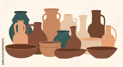 A comprehensive collection of ancient pottery vessels and bowls