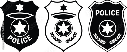 Three distinct police badges representing law enforcement and authority