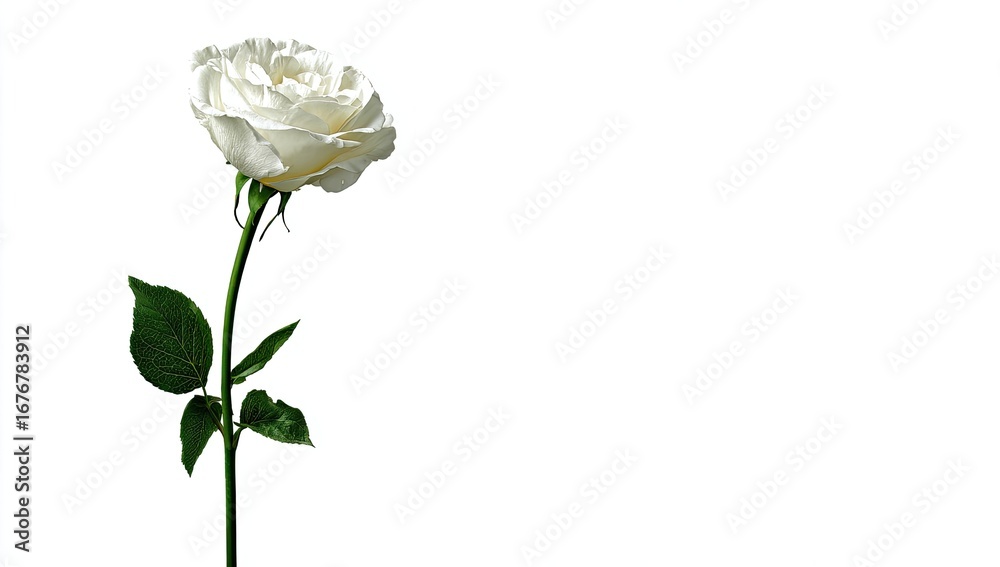 Fototapeta premium A single, pristine white rose with a long stem and leaves, isolated on a white background