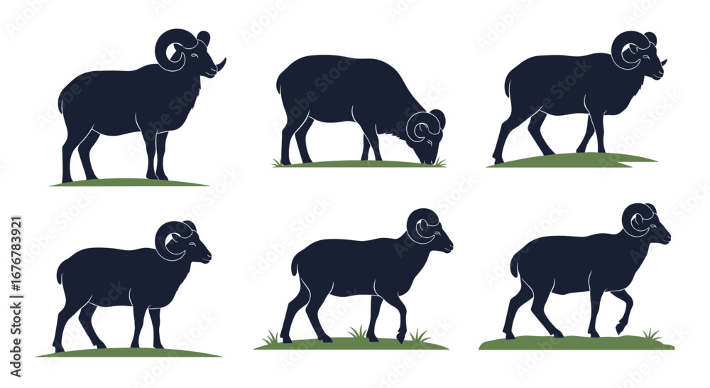 Naklejka premium Collection of dark silhouettes featuring various rams and ewes standing grazing and walking on green grass