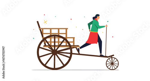 Person driving an ancient cart powered by human effort with an interesting design