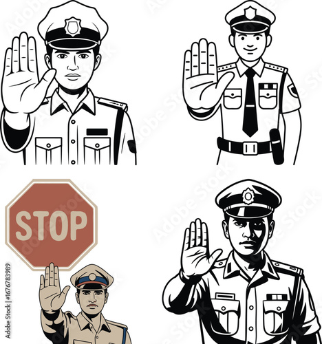 Police officers signaling stop with hand and stop sign illustration