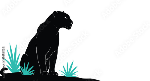 Majestic black panther sitting proudly among lush greenery in a serene natural habitat environment