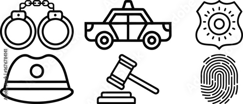 Collection of law enforcement and justice icons including handcuffs badge car gavel and fingerprint