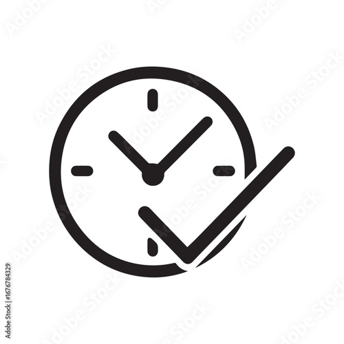 Clock with Check Mark Icon Black and White Vector