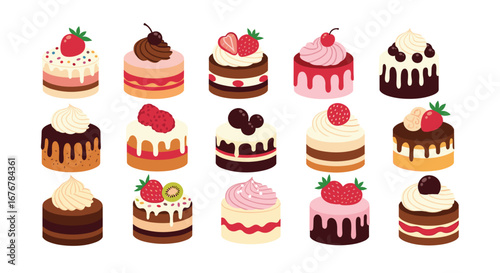 A collection of deliciously decorated small cakes with fruity toppings and creamy frostings perfect for celebrations