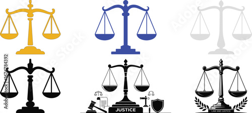 Collection of scales of justice icons representing law and fairness
