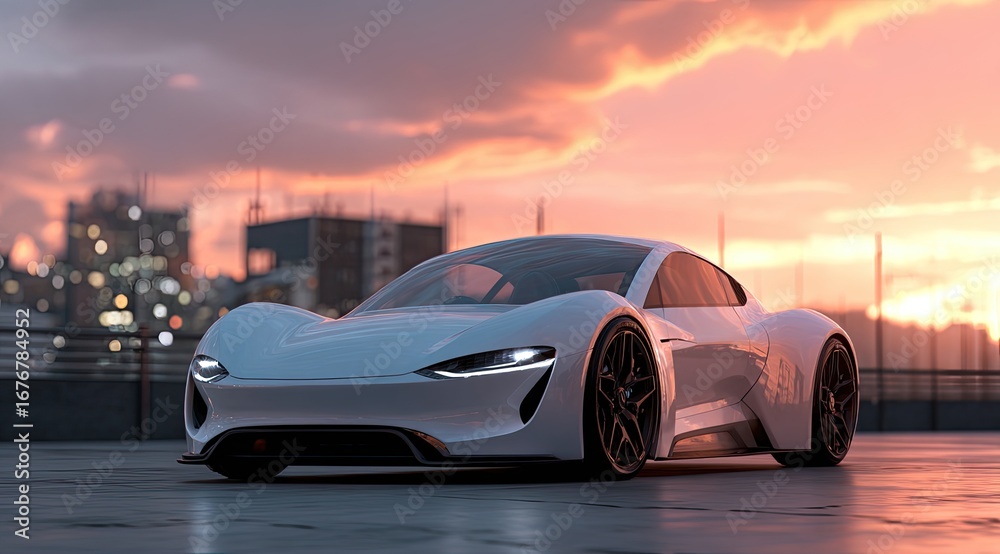 Fototapeta premium Sleek white electric sports car on city rooftop at sunset (1)