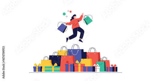 Excited shopper jumping joyfully above a large pile of colorful shopping bags and gift boxes enjoying retail therapy and consumerism