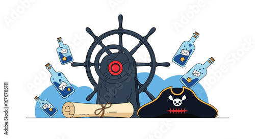 Pirate treasure island adventure with ship's wheel messages in bottles and captain's hat