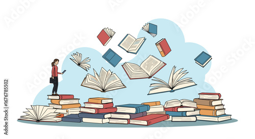 A person stands on a pile of books gazing up at floating open books