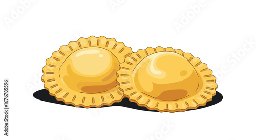 Two delicious golden ravioli with delicate edges on a white background