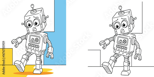 "Clumsy Cartoon Robot Stumbling Down Stairs Illustration"