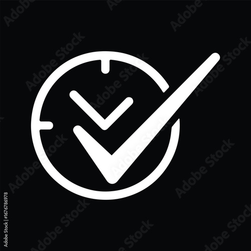 Clock with Check Mark Icon Black and White Vector