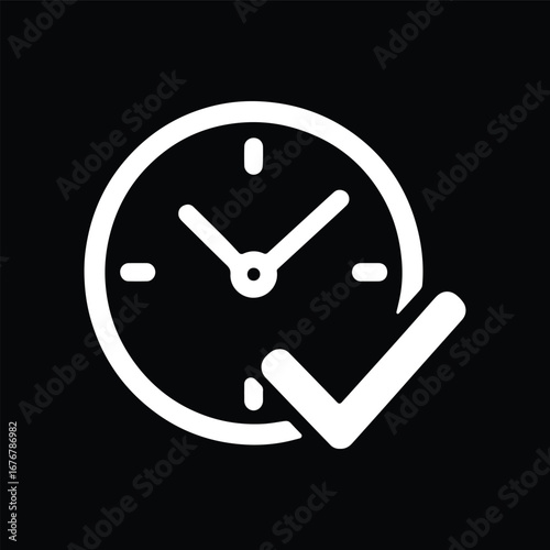 Clock with Check Mark Icon Black and White Vector