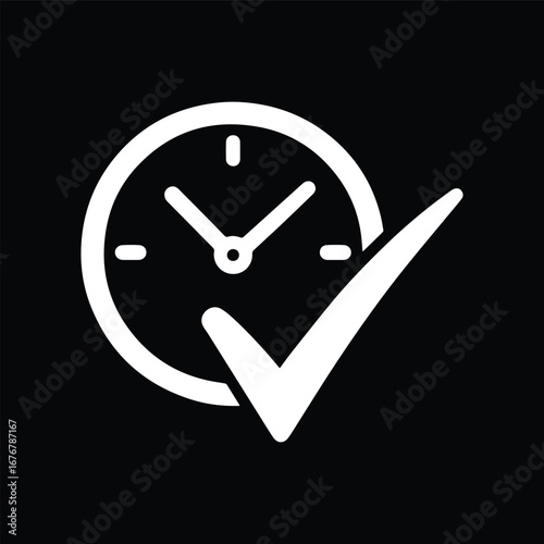 Clock with Check Mark Icon Black and White Vector