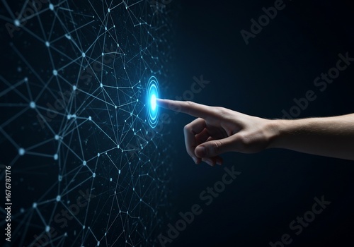 Hand Interacting with Glowing Network Data Visualization