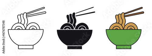 This simple vector icon set represents a bowl of noodles with chopsticks, a classic symbol of Asian cuisine , vector illustration .
