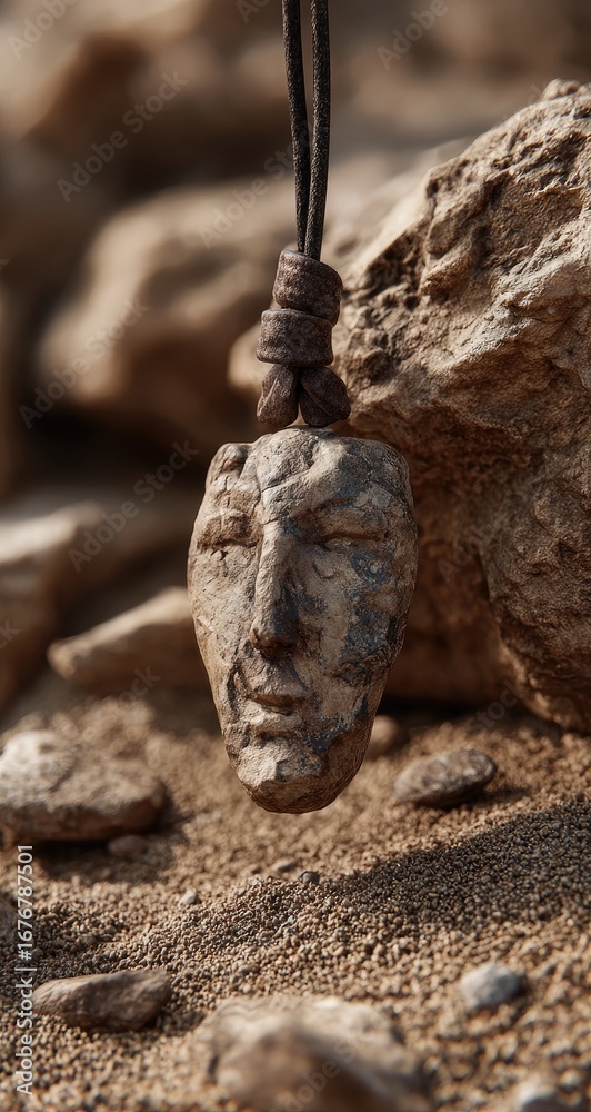 Fototapeta premium Carved stone face pendant with closed eyes, hanging against rocks