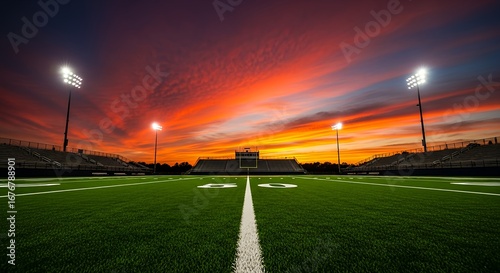 Spectacular sunset illuminates an empty American football field, stadium lights glowing under a vivid twilight sky, awaiting the next game