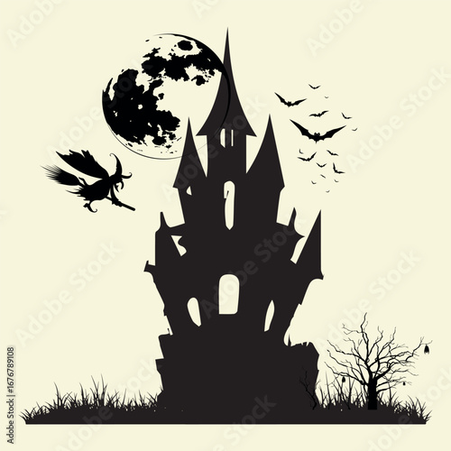Halloween House With Tree, Which, Bat and Moon 