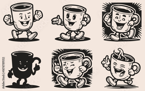 Cartoon coffee cups with arms and legs, each with expressive faces and dynamic poses, convey a lively and playful tone.