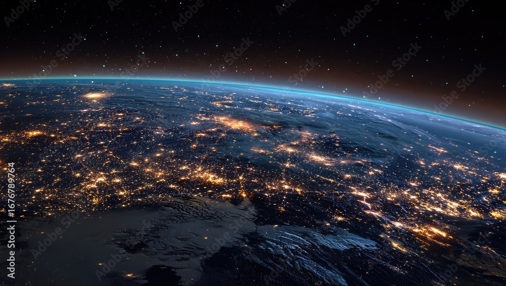 Fototapeta premium Earth at night, North America highlighted. Vast expanse of illuminated cities stretching across a dark blue planet, dotted with stars.