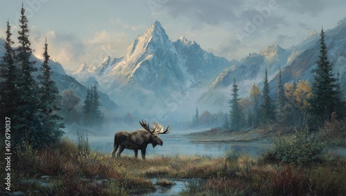 Fototapeta Naklejka Na Ścianę i Meble -  Majestic moose by a misty mountain lake.  Misty autumnal landscape with towering snow-capped peaks.  A lone moose stands by the tranquil lake