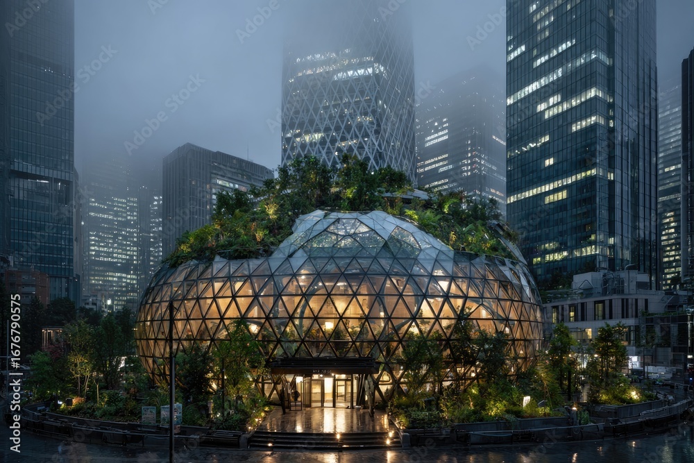 Fototapeta premium Modern geodesic dome structure, surrounded by high-rise buildings, in a city with a misty atmosphere. Glass, plant life, and light fill the dome