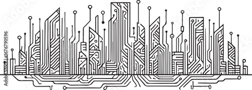 Abstract cityscape formed by black circuit board lines and nodes on white background technology urban