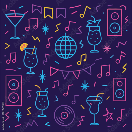Colorful  pattern with cocktails, disco ball, music notes, vinyl record, speakers, and festive decorations. Fun neon party background with retro vibes and celebration mood.