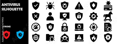 Antivirus Silhouette Vector Icons – Cybersecurity, Data Protection, Shield Security Symbol