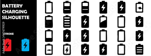 Battery Charging Silhouette Vector Icons – Power Energy, Electricity Symbol, Mobile Device Charging