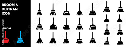 Broom and Dustpan Silhouette Vector Icons – Cleaning Tools, Household Hygiene Symbol