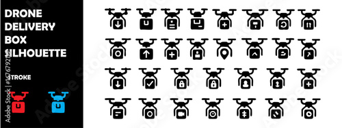 Drone Delivery Box Silhouette Vector Icons – Logistics, Technology, E-Commerce, Fast Shipping