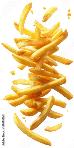 Golden french fries in mid-air