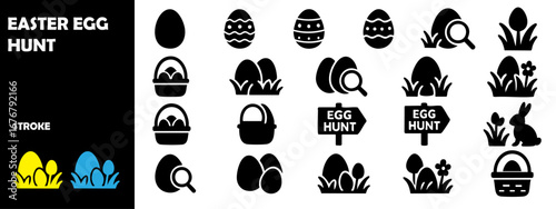 Easter Egg Hunt Silhouette Vector Icons – Holiday Celebration, Children’s Activity, Festive Graphics