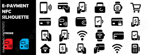 E-Payment NFC Silhouette Vector Icons – Contactless Payment, Mobile Wallet, Digital Transaction