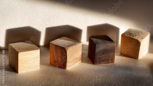 minimal still life composition wooden cubes soft shadows warm delicate light